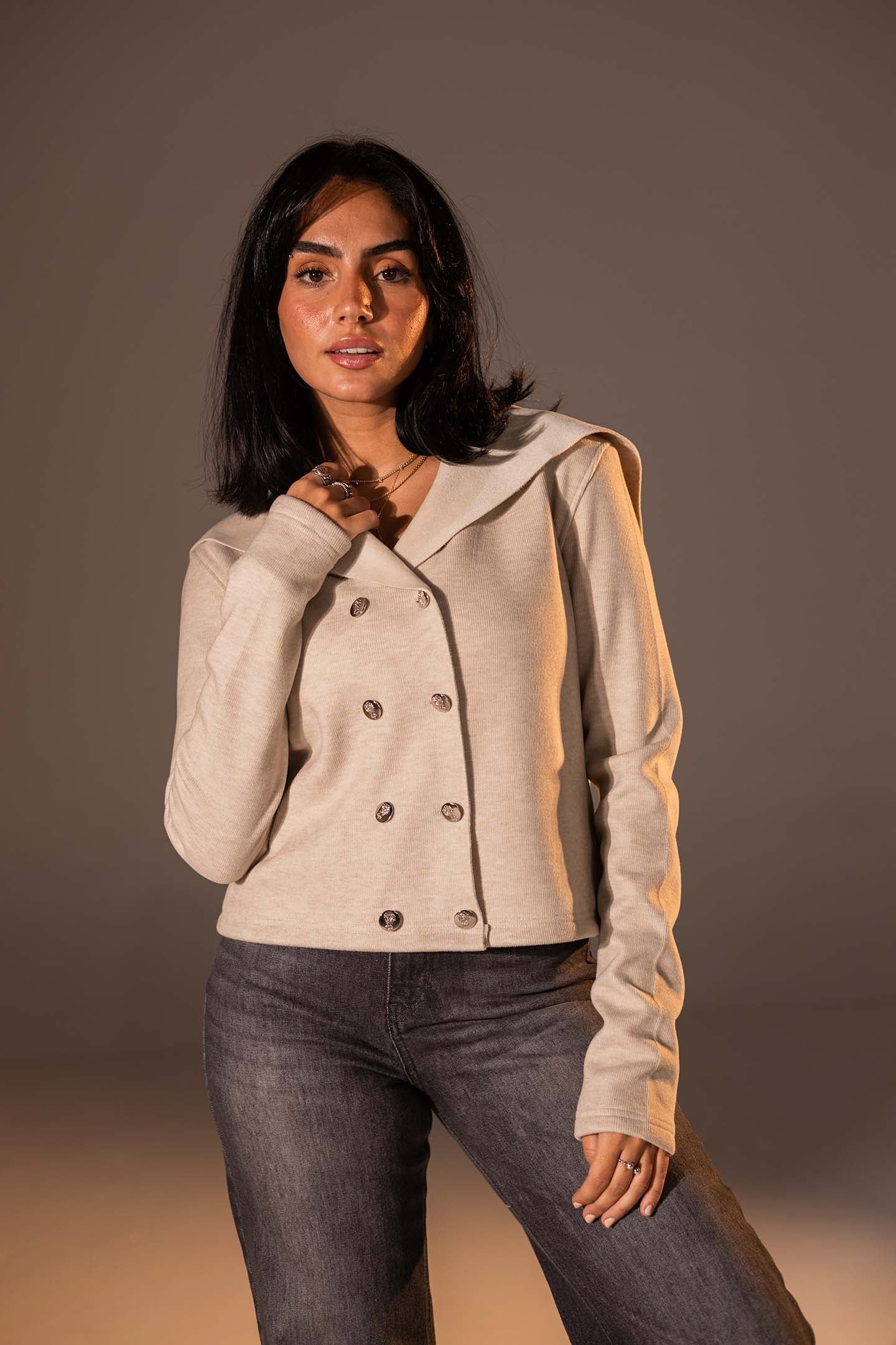 Beige Button-Up Wide Collar Knit Top