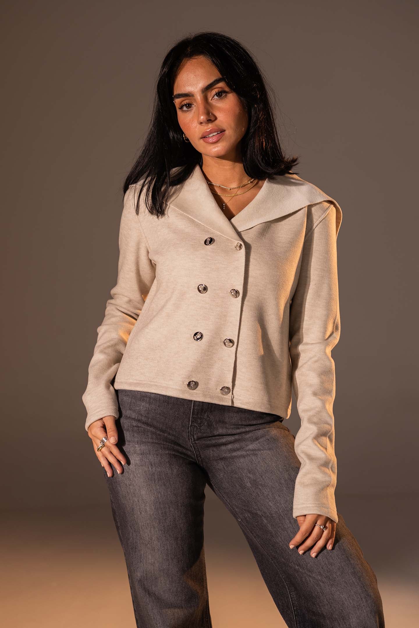 Beige Button-Up Wide Collar Knit Top