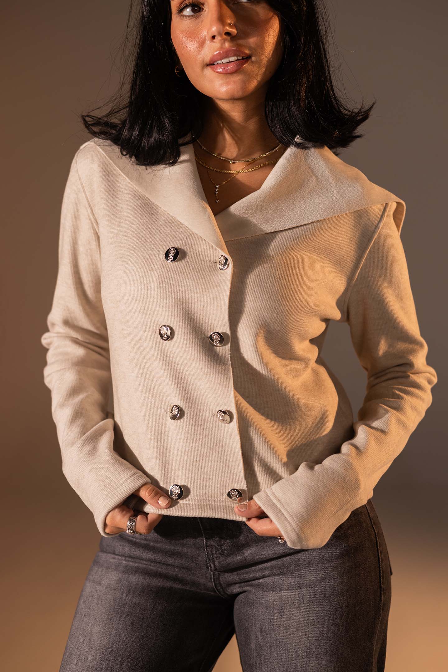 Beige Button-Up Wide Collar Knit Top