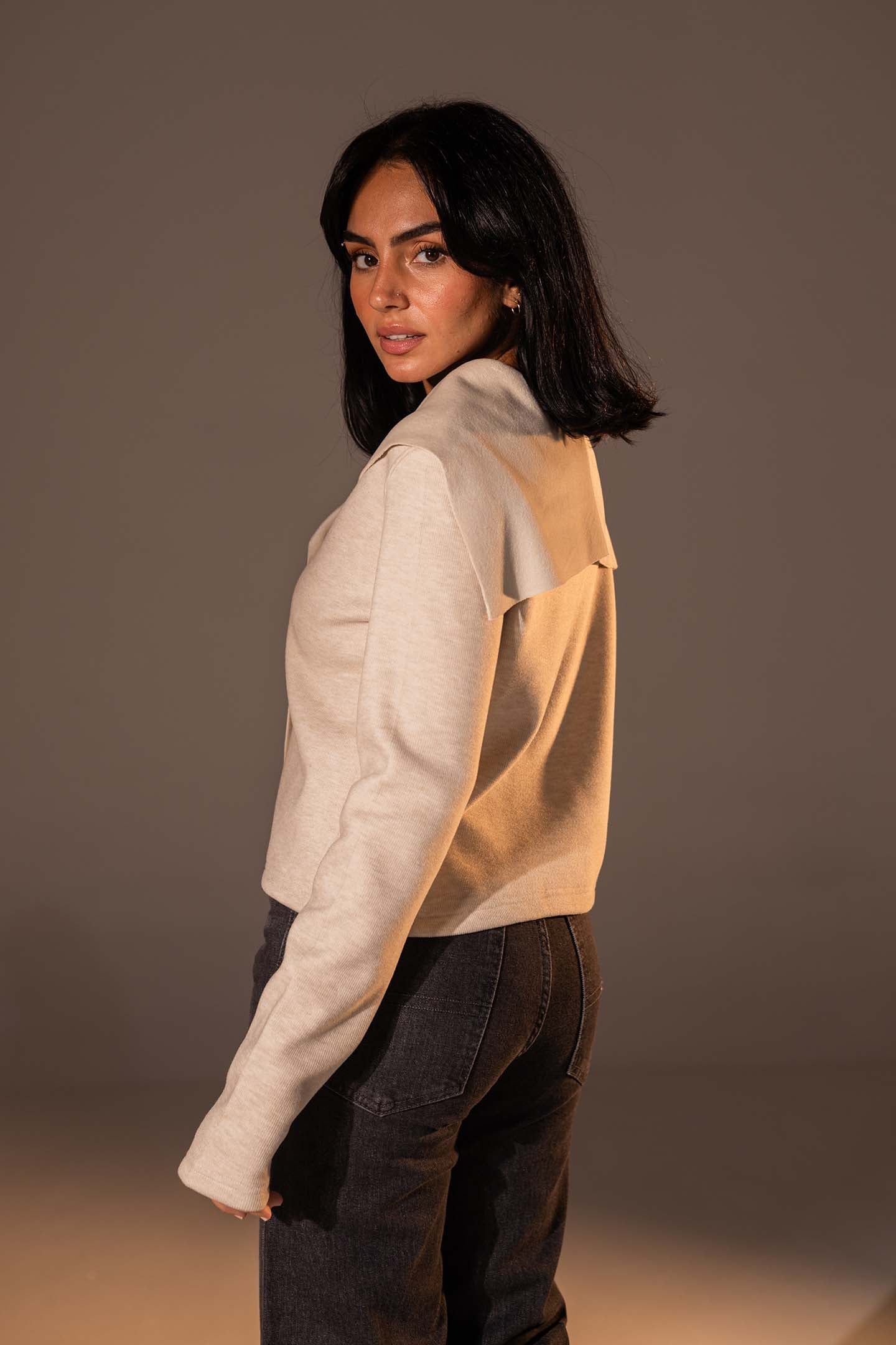 Beige Button-Up Wide Collar Knit Top