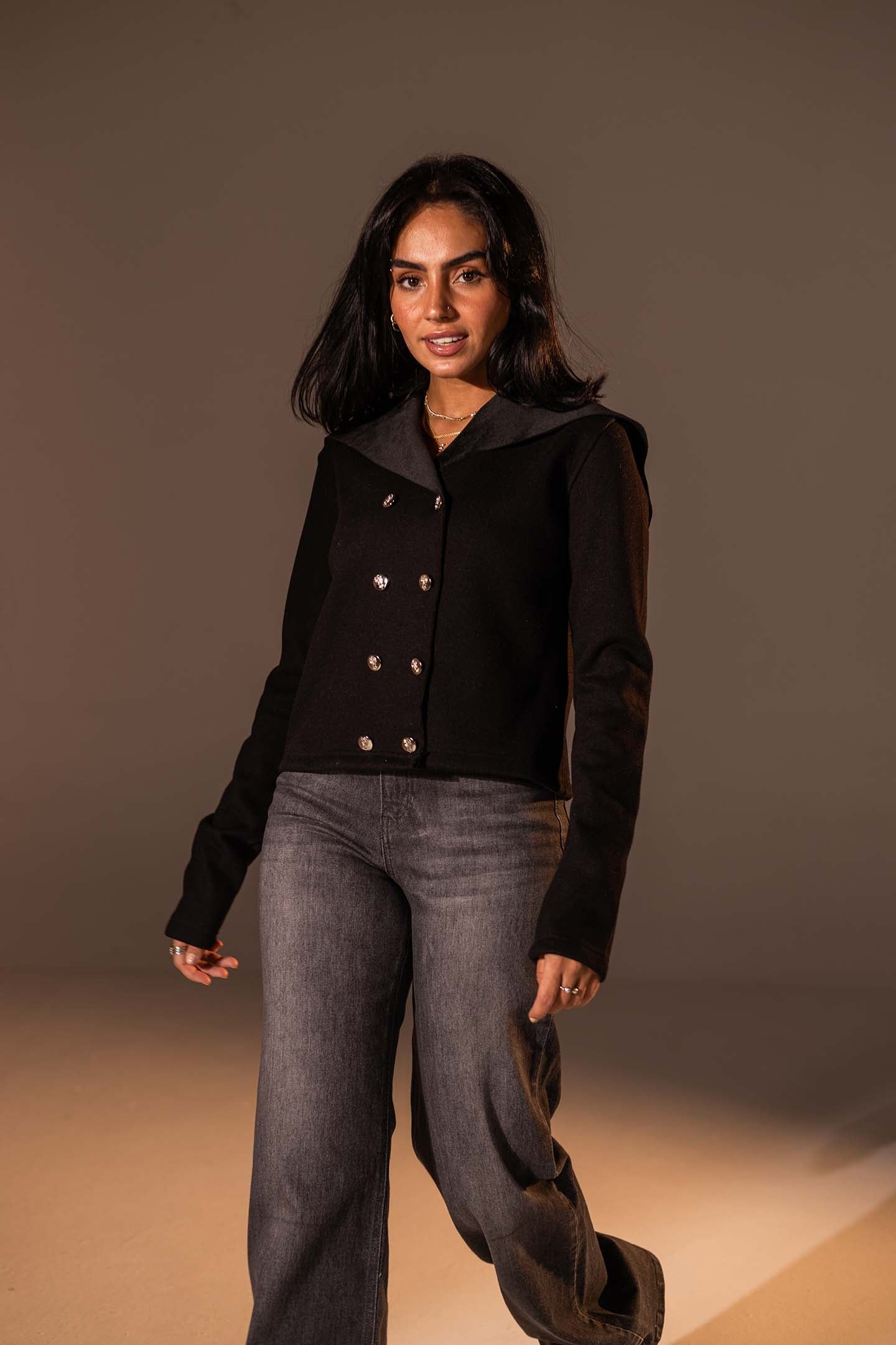 Black Button-Up Wide Collar Knit Top