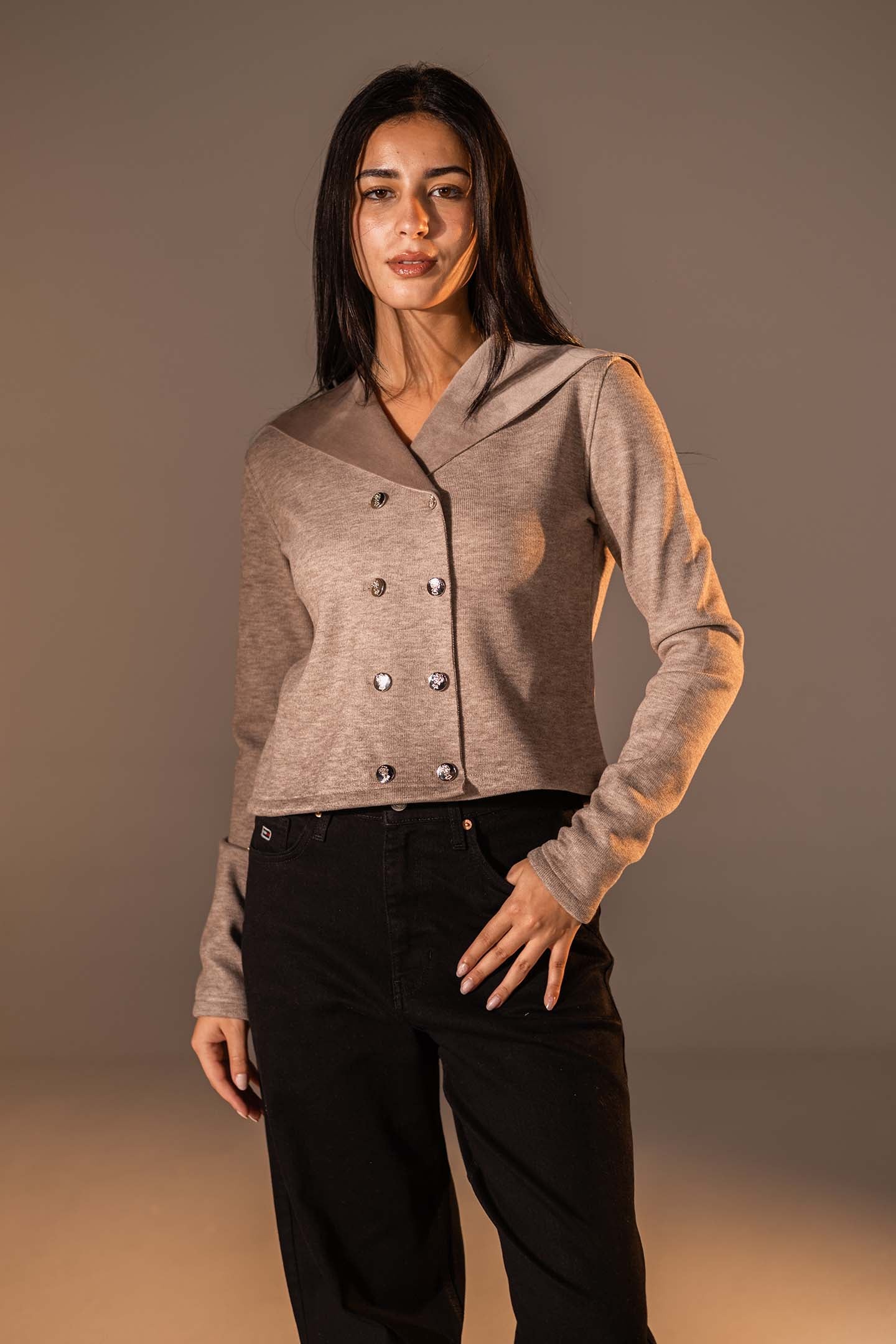 Coffe Button-Up Wide Collar Knit Top