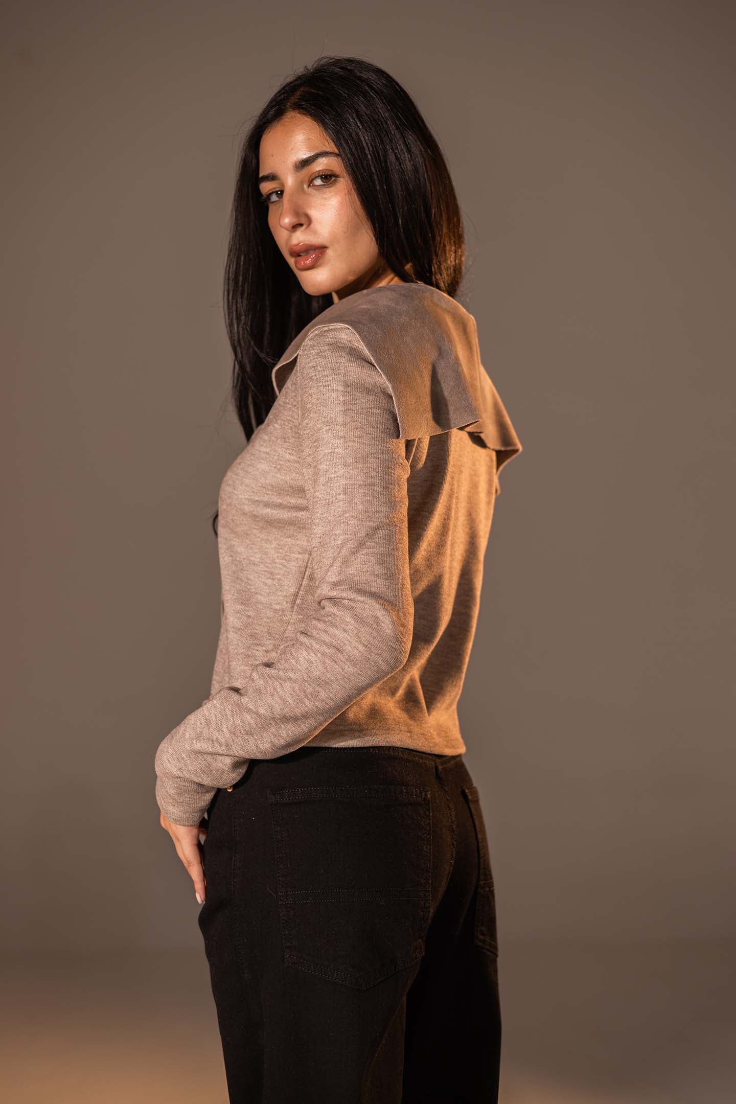 Coffe Button-Up Wide Collar Knit Top