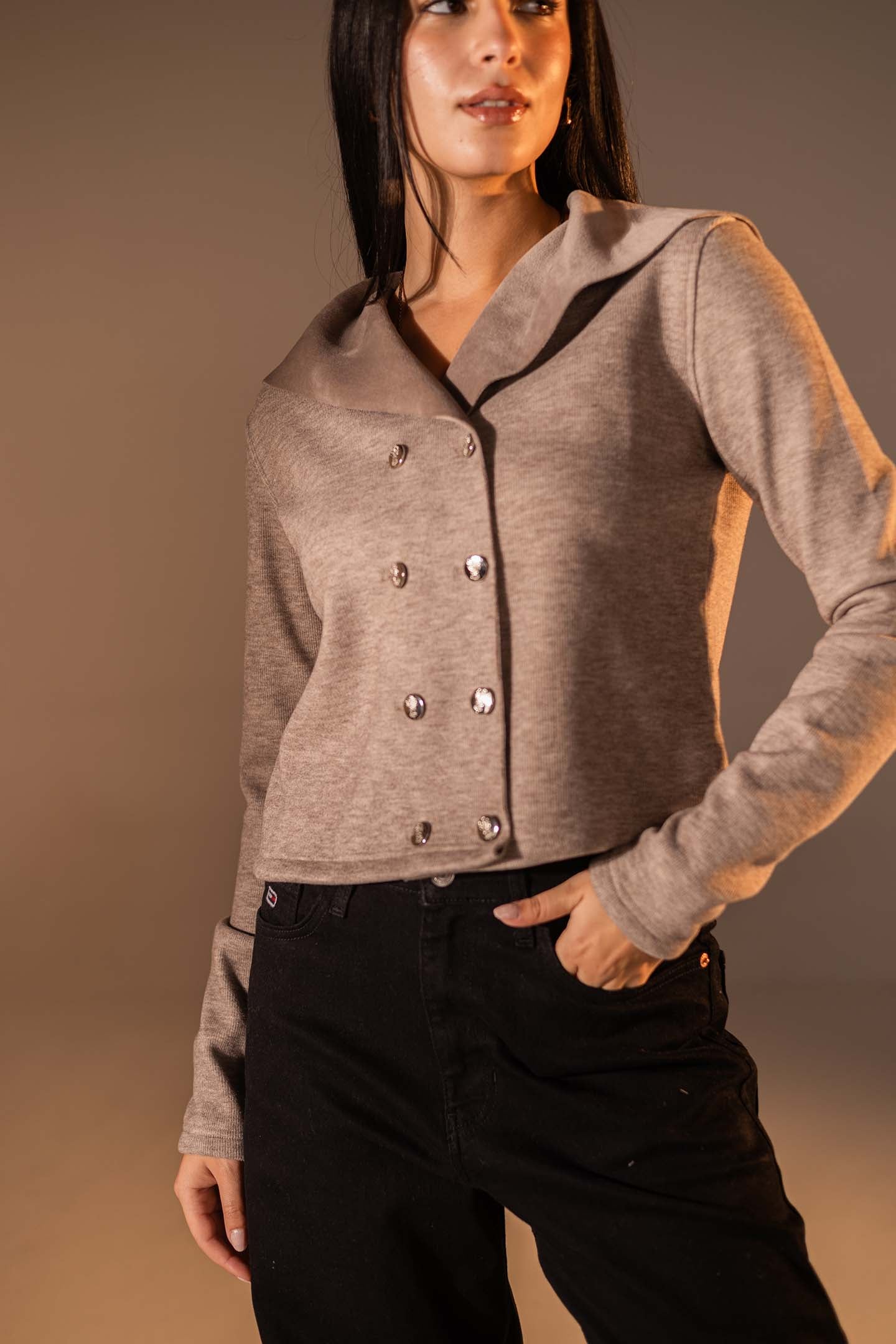 Coffe Button-Up Wide Collar Knit Top