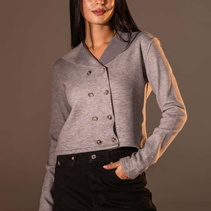 Grey Button-Up Wide Collar Knit Top