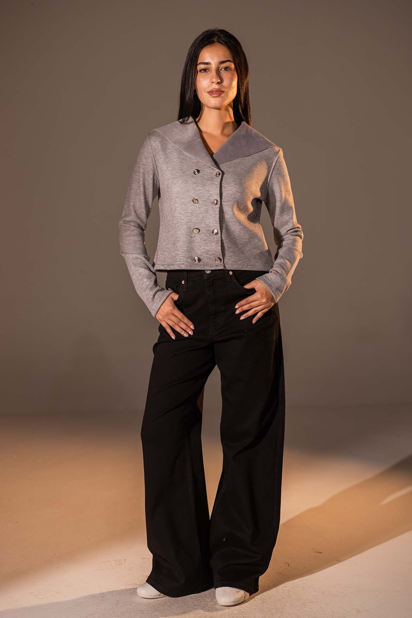 Grey Button-Up Wide Collar Knit Top