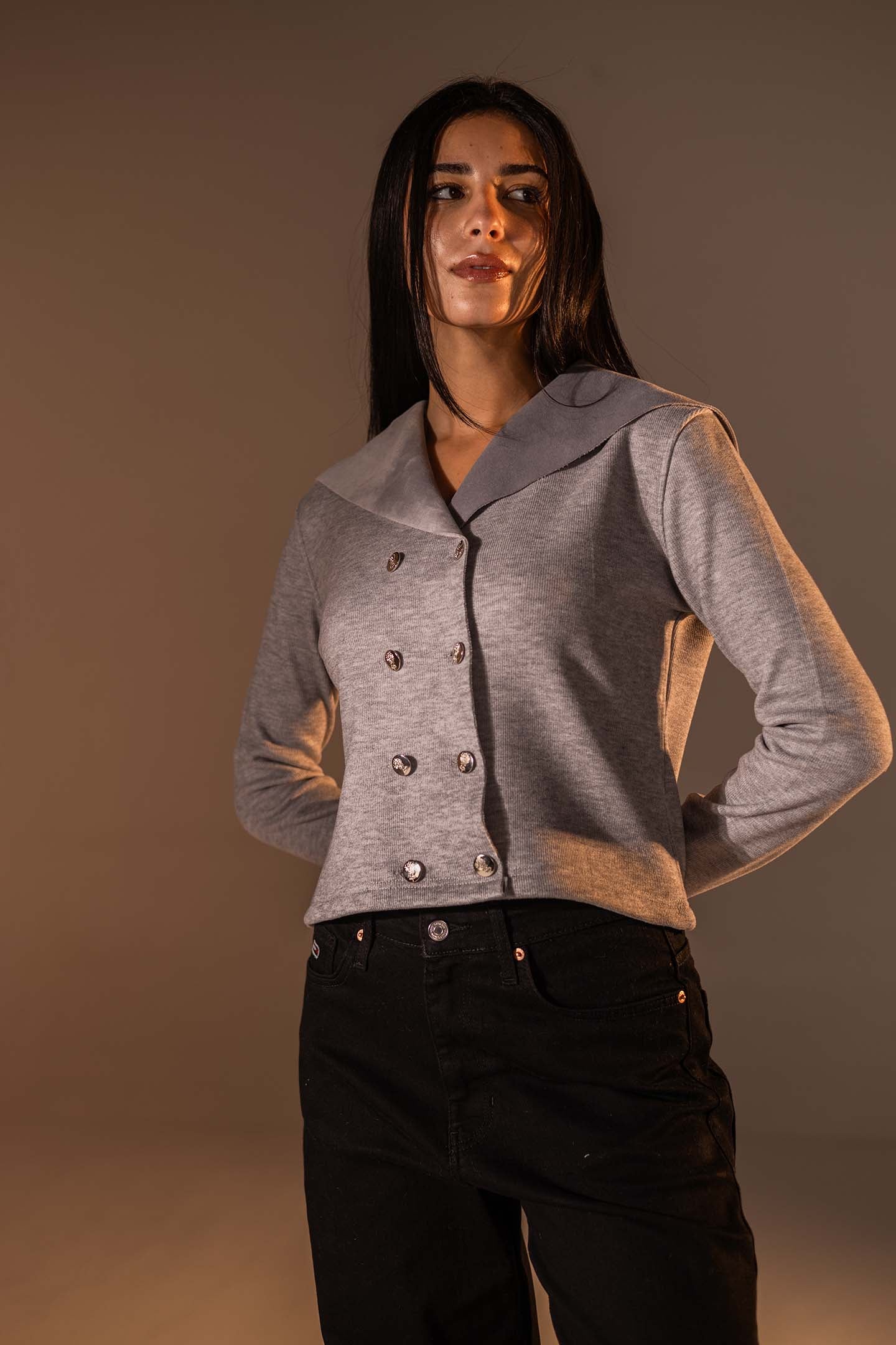 Grey Button-Up Wide Collar Knit Top