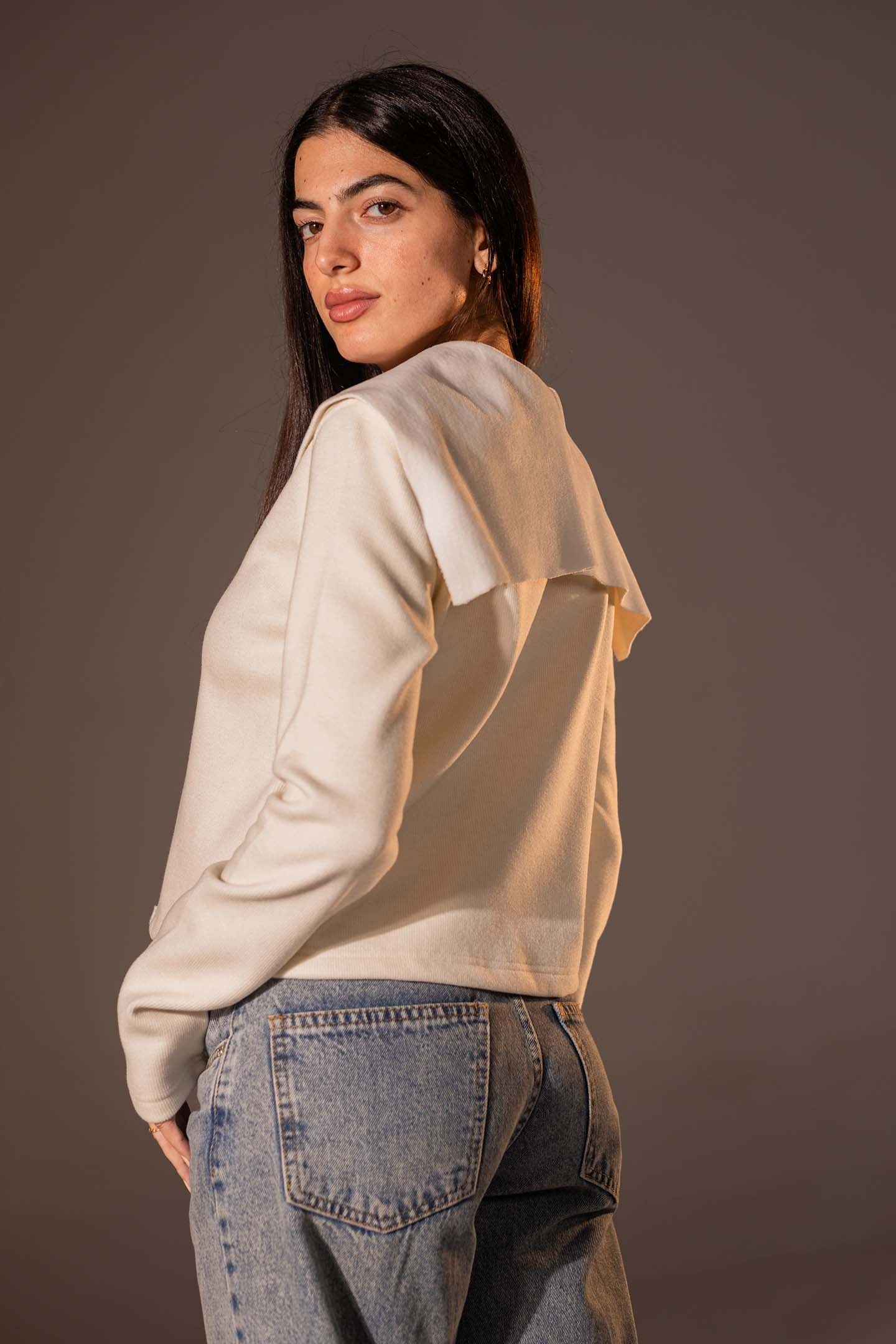 Off White Button-Up Wide Collar Knit Top