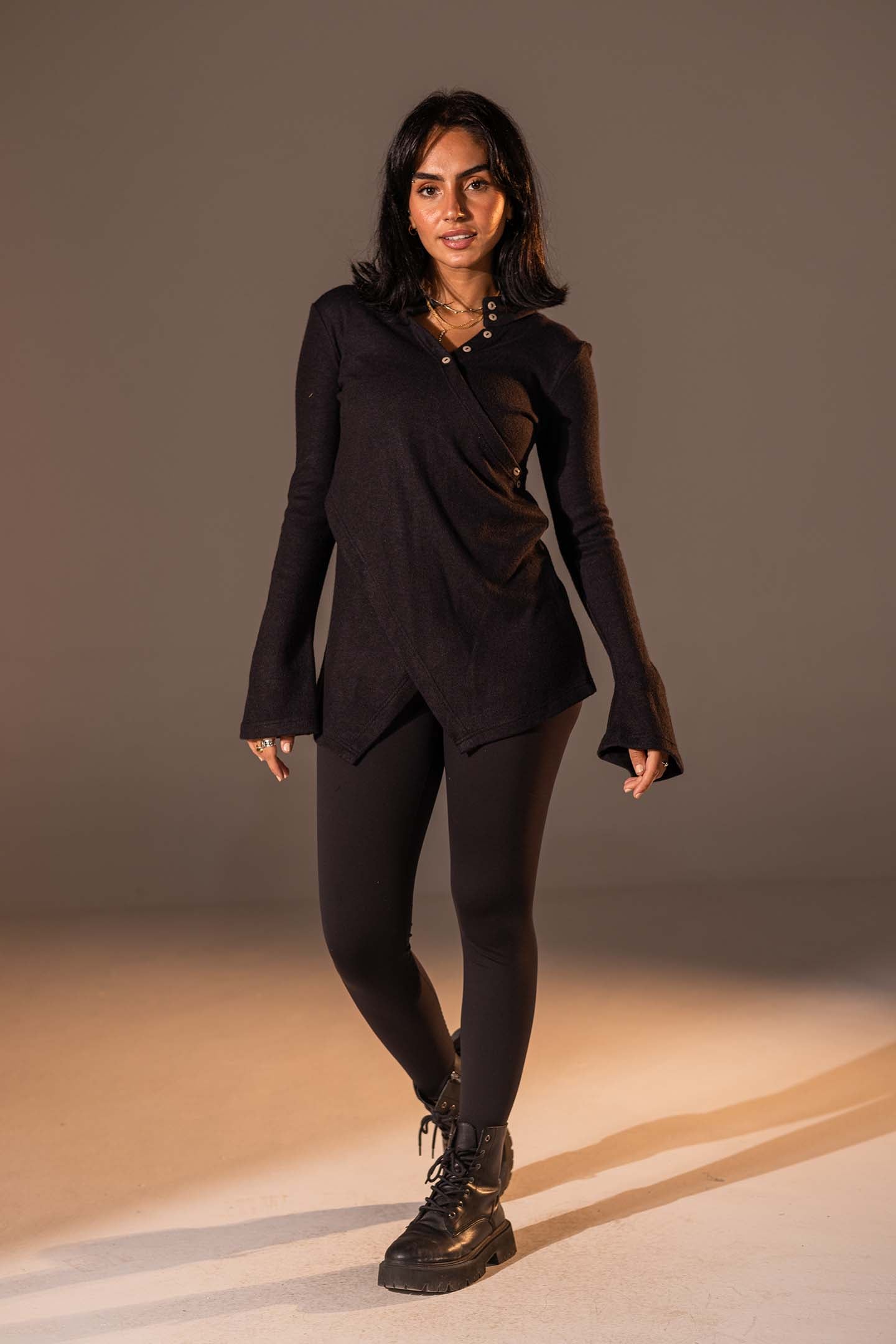 Black Wrap-Style Knit Top