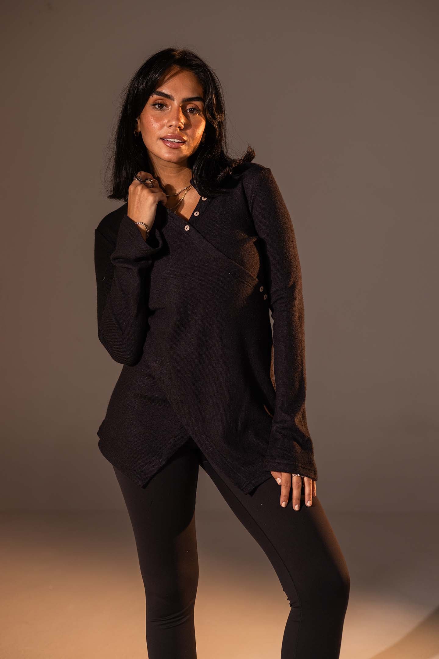 Black Wrap-Style Knit Top