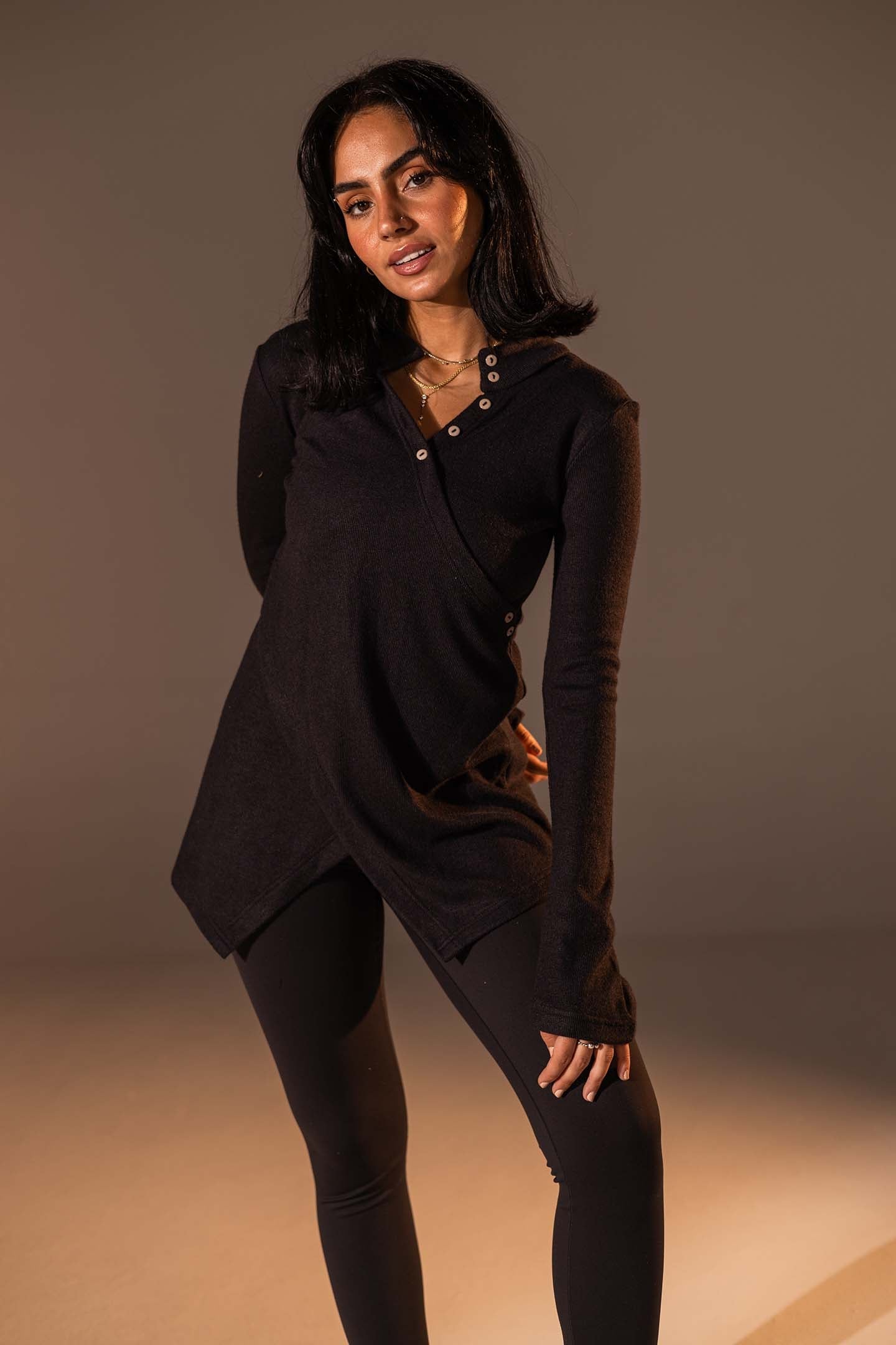 Black Wrap-Style Knit Top