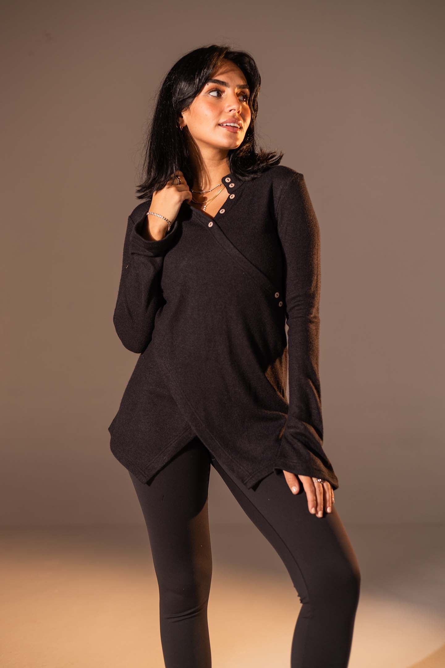 Black Wrap-Style Knit Top