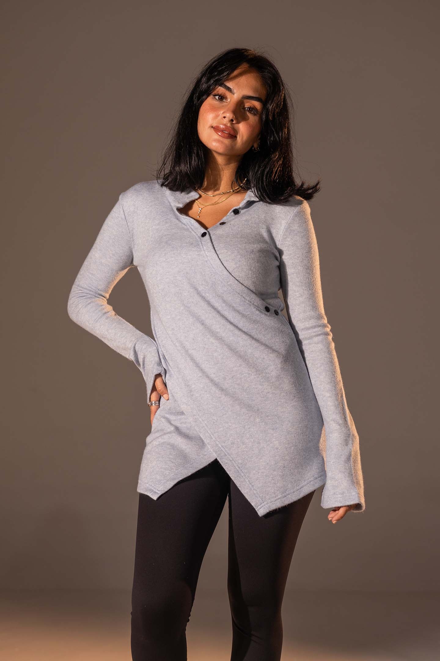 Blue Wrap-Style Knit Top