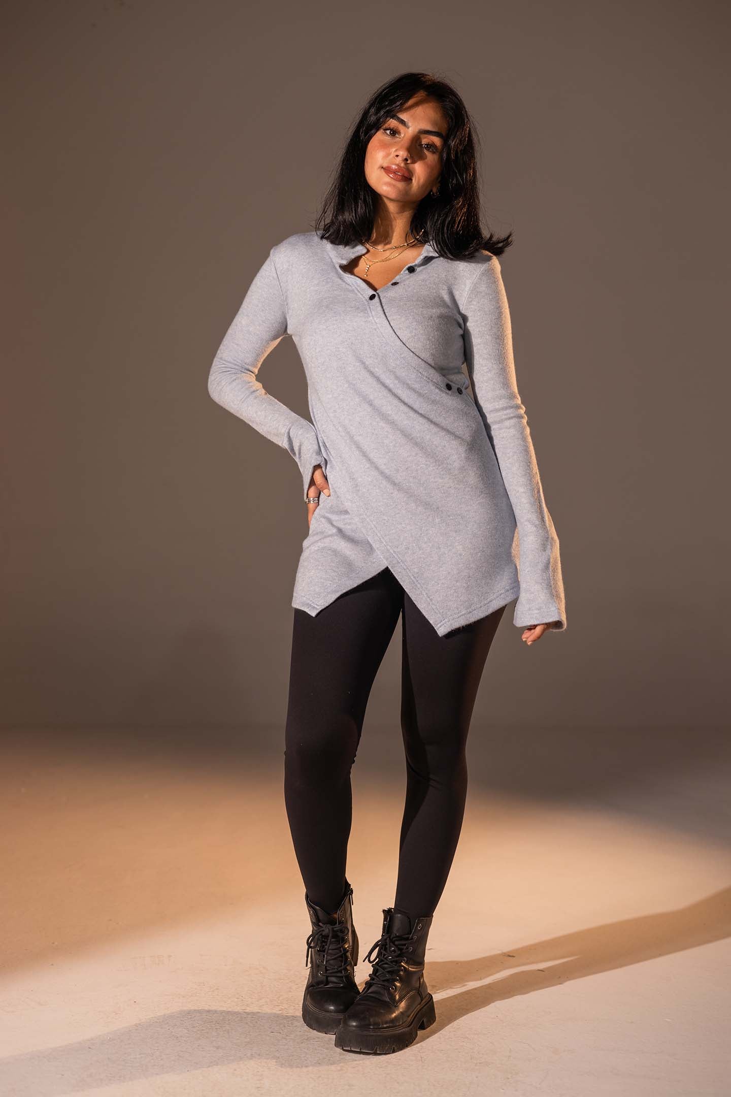 Blue Wrap-Style Knit Top