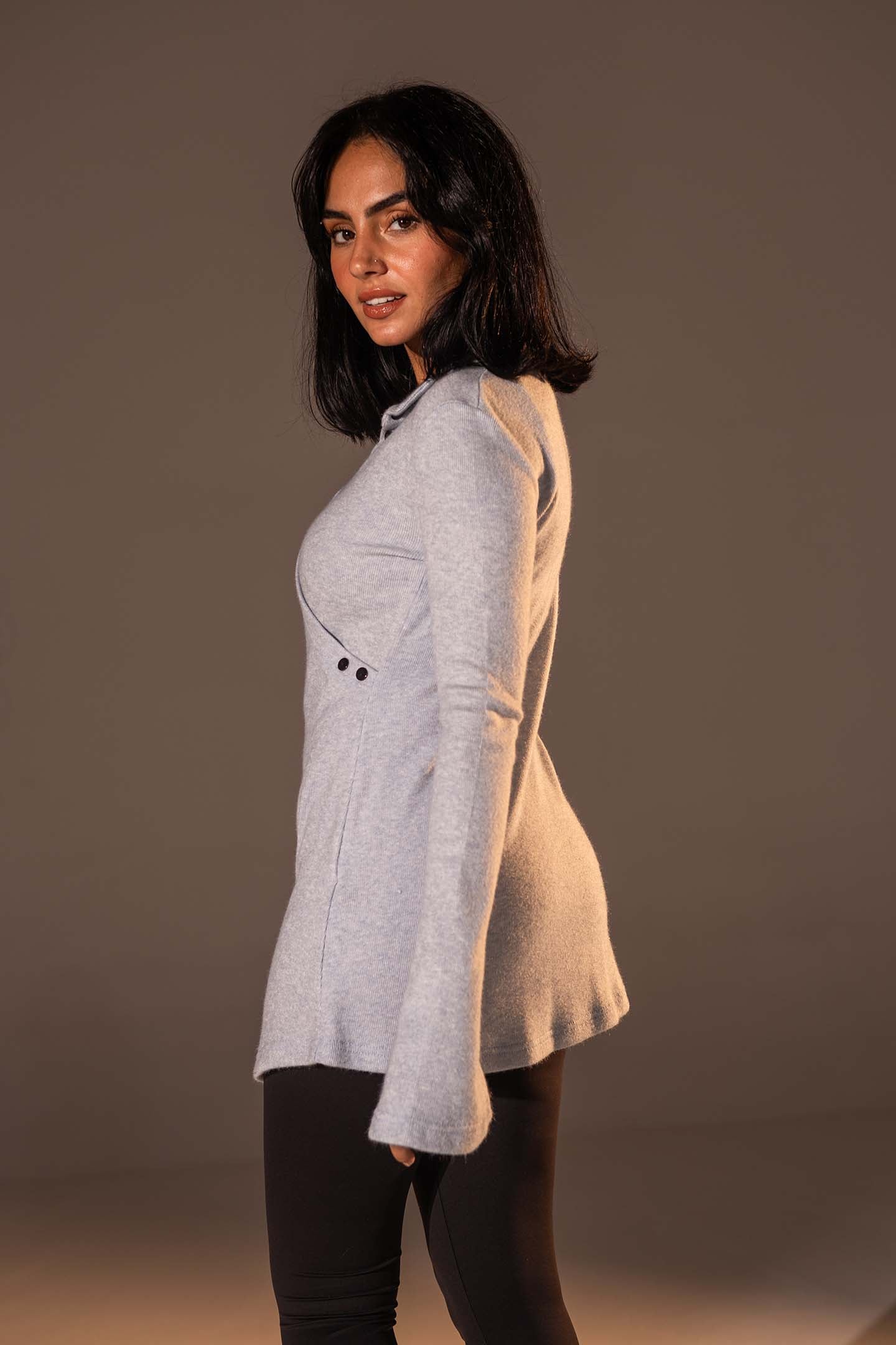 Blue Wrap-Style Knit Top