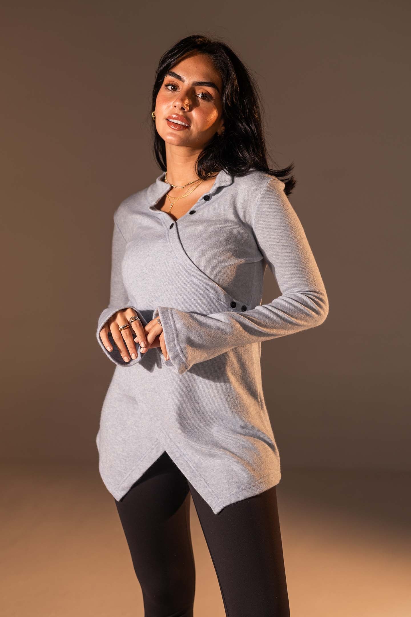 Blue Wrap-Style Knit Top