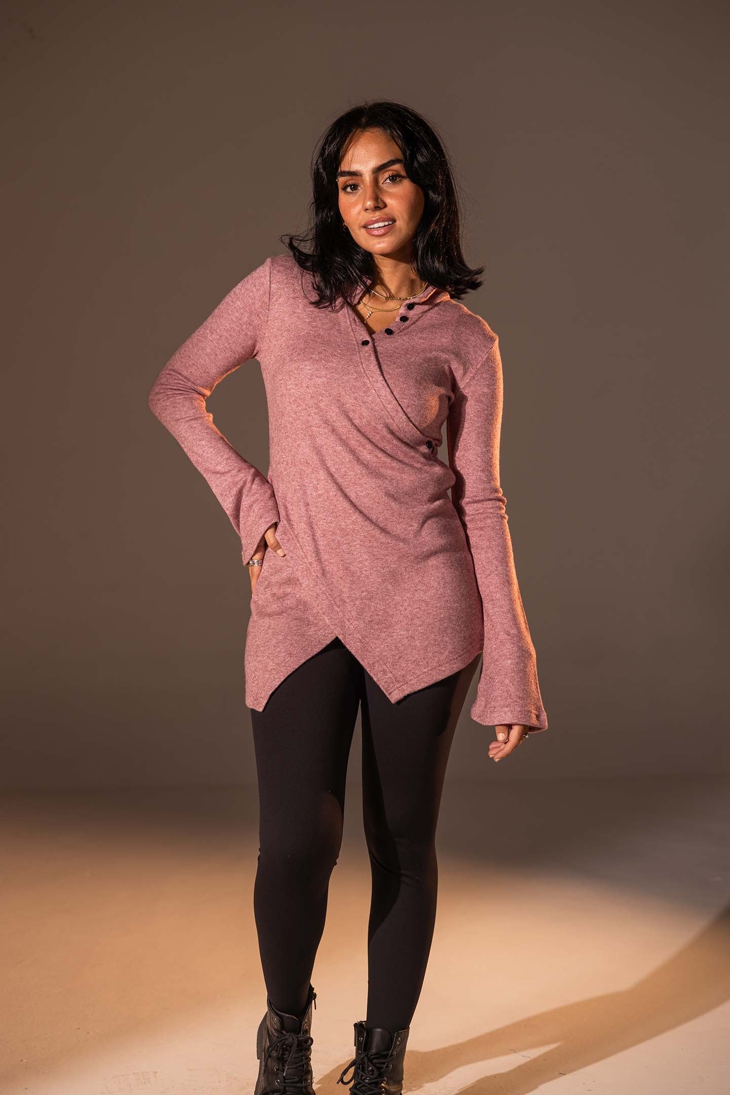 Dusty Rose Wrap-Style Knit Top