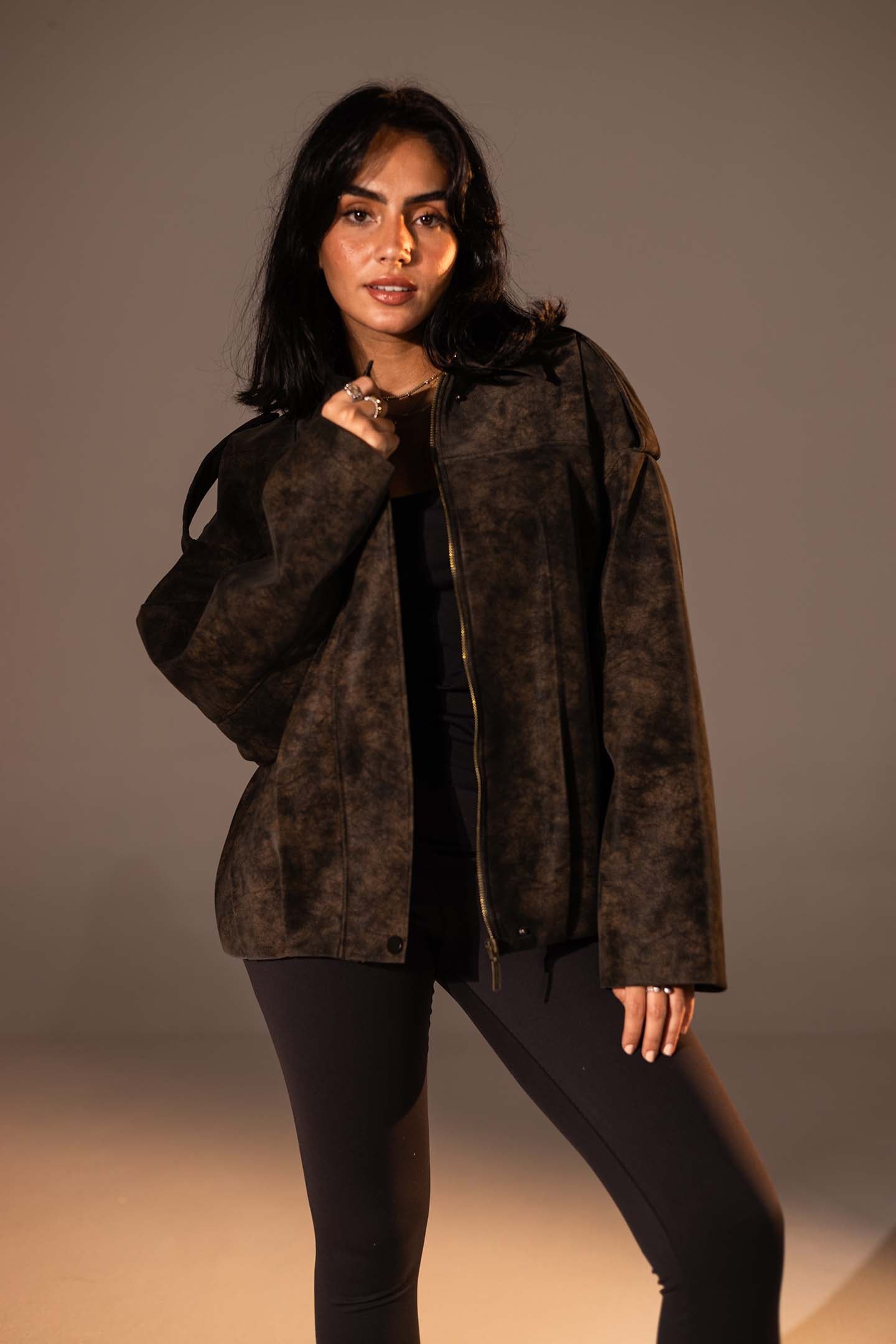 Brown Washed Zip-Up Leather Jacket