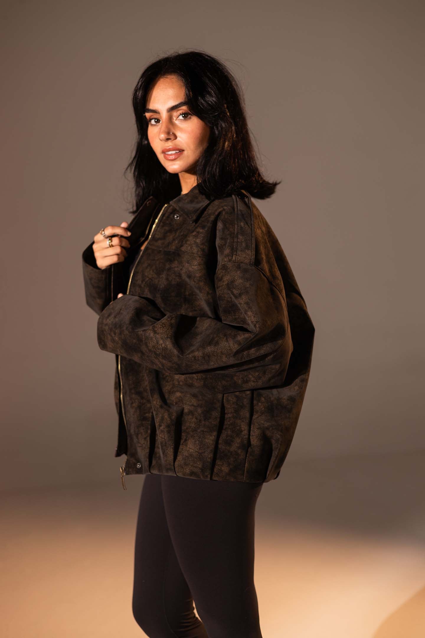 Brown Washed Zip-Up Leather Jacket