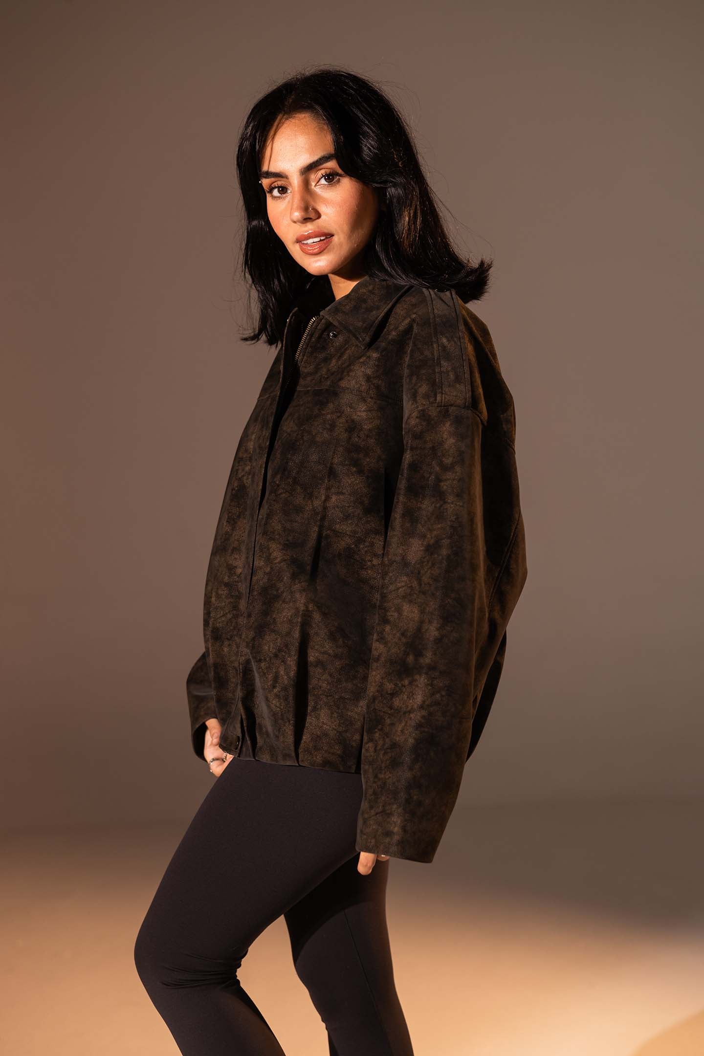 Brown Washed Zip-Up Leather Jacket