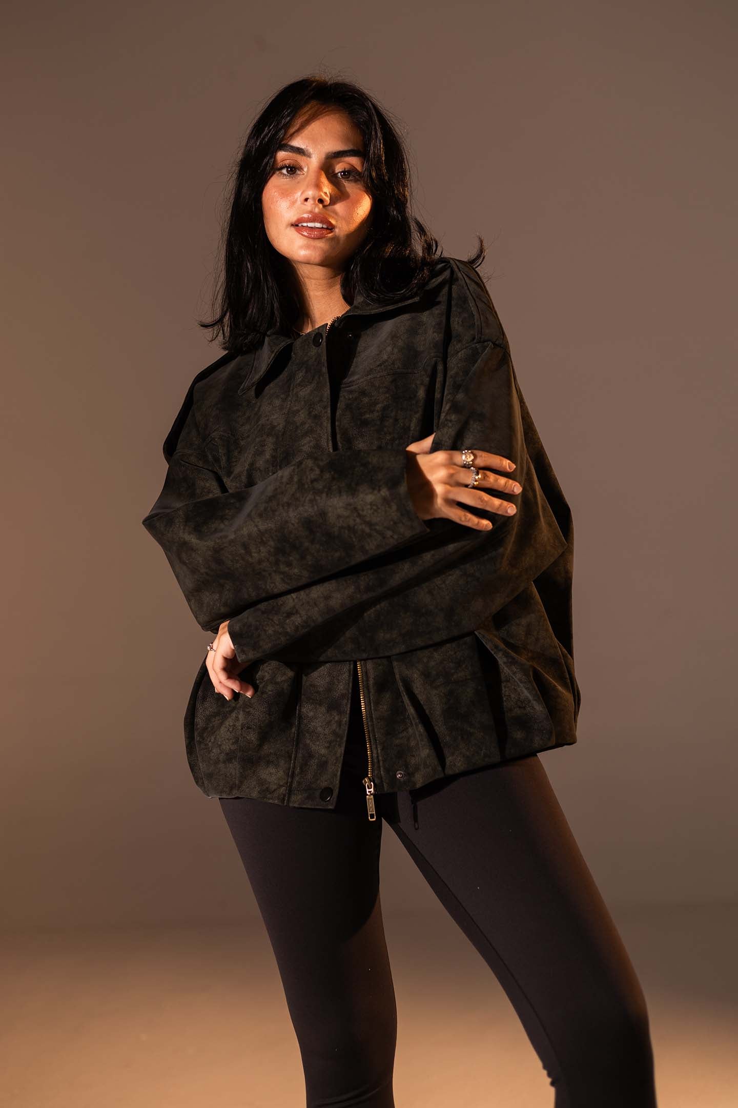 Olive Washed Zip-Up Leather Jacket