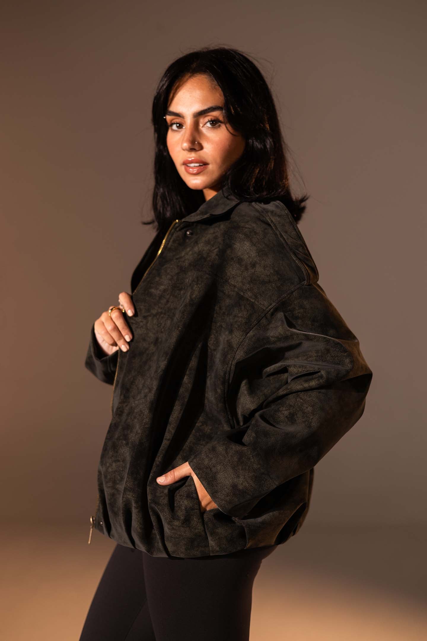 Olive Washed Zip-Up Leather Jacket