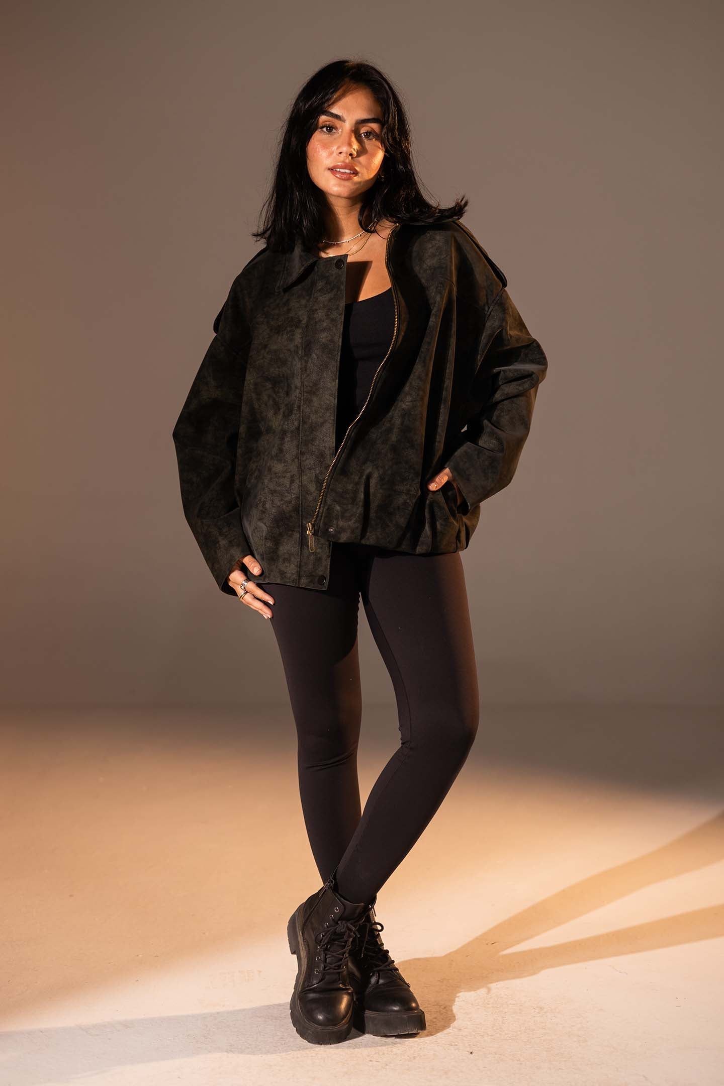 Olive Washed Zip-Up Leather Jacket