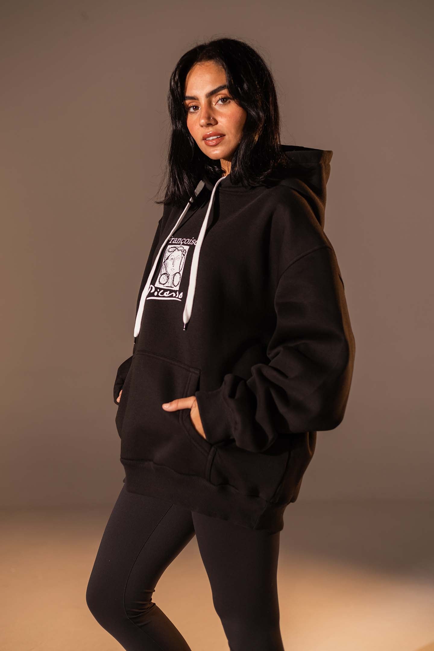 Black Printed Oversized Melton Hoodie