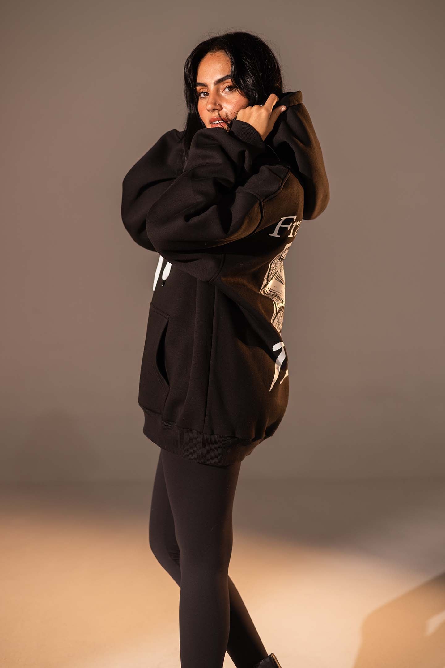 Black Printed Oversized Melton Hoodie