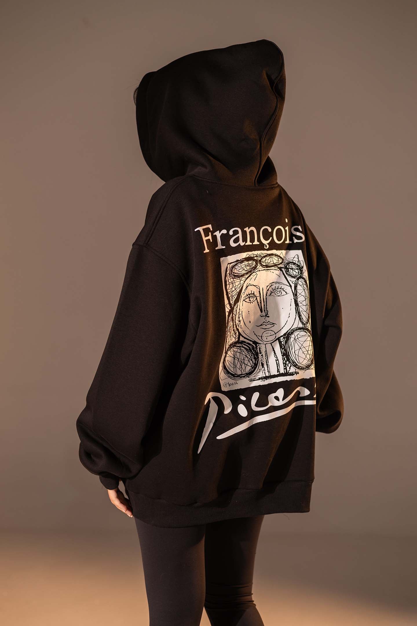 Black Printed Oversized Melton Hoodie