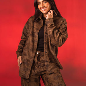 Brown Oversized Ribbed Velvet Camouflage-Print Shirt