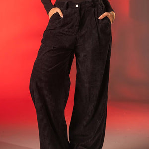 Black Soft Ribbed Velvet Relaxed Pants