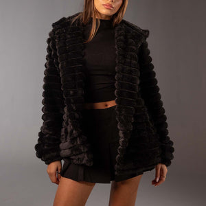 Black Soft Textured Faux Fur Mid Coat