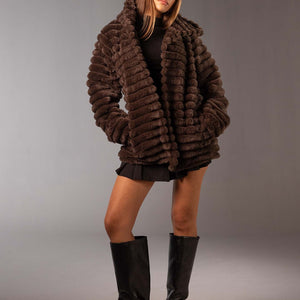 Brown Soft Textured Faux Fur Mid Coat