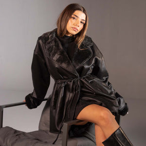Black Faux Leather Belted Jacket with Fur Lining