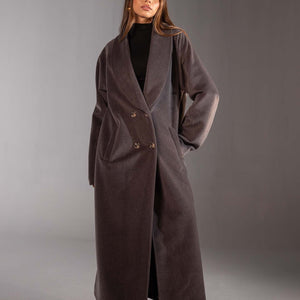 معطف صوف رمادي ماكسي مزدوج الأزرار