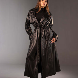 معطف ترنش طويل من الجلد الصناعي – لون أسود