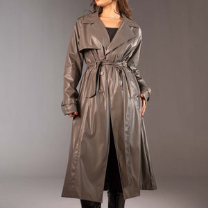 معطف ترنش طويل من الجلد الصناعي – لون رمادي