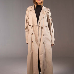 معطف ترنش بيج أوفر سايز مزدوج الأزرار