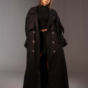 معطف ترنش أسود أوفر سايز مزدوج الأزرار