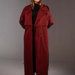 معطف ترنش عنابي أوفر سايز مزدوج الأزرار