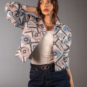 قميص جاكار قصير باللون الأزرق