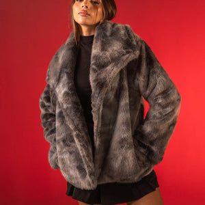 Grey Plush Faux Fur Coat