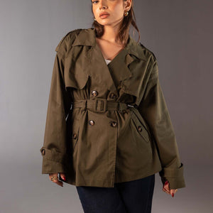 Olive Short Double-Breasted Trench Coat