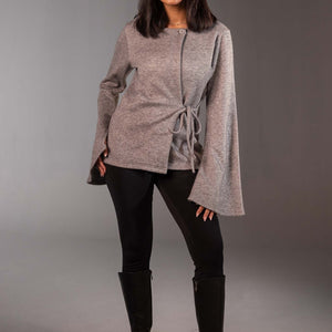 Grey Soft Knit Wrap Top with Flared Sleeves