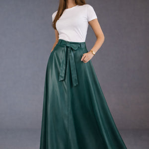Olive Faux Leather Elegant Flared Skirt