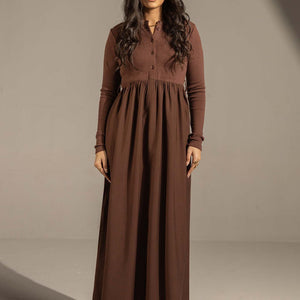Brown Button-Front Long Sleeve Maxi Dress