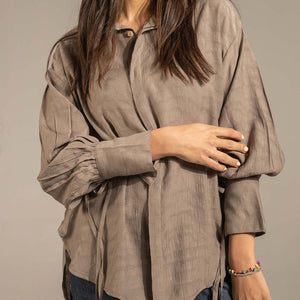 Grey Textured Tie-Cuff Button-Up Blouse