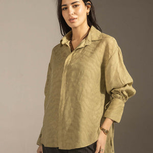 Olive Textured Tie-Cuff Button-Up Blouse