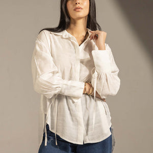 White Textured Tie-Cuff Button-Up Blouse